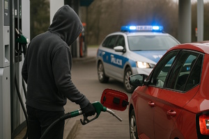 zdjęcie, dzień, mężczyzna w kapturze tankuje pojazd, w tle radiowóz policji