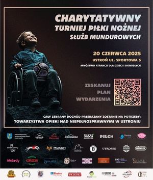 plakat promujący wydarzenie- dziecko siedzące na wózku inwalidzkim, trzyma piłkę nożną na nogach