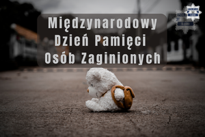 zdjęcie- dzień ,porzucony na drodze pluszowy miś i napis Międzynarodowy Dzień Pamięci Osób Zaginionych