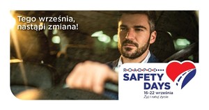 plakat promujący wydarzenie- &quot;Mężczyzna za kierownica auta. Z lewej strony napis: Tego września nastąpi zmiana. Z prawej napis ROADPOL SAFETY DAYS 16-22 września. Żyj i ratuj życie.&quot;
role:&quot;image&quot;