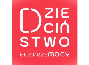 czerwony kwadrat z napisem Dzieciństwo bez przemocy