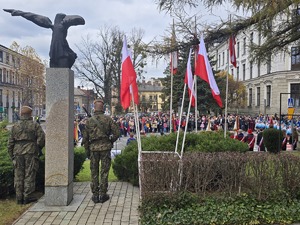 osoby maszerują, dużo flag Polski, pochmurno, widać poczet sztandarowy