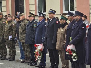osoby maszerują, dużo flag Polski, pochmurno, widać poczet sztandarowy