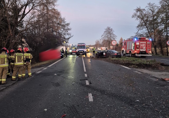 miejsce wypadku, droga, uszkodzone auta, służby ratownicze i ich pojazdy, pochmurno
