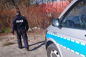 policjant idzie w kierunku lasu, dzień, slonecznie