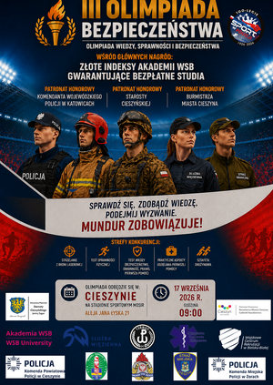 plakat promujący wydarzenie, osoby w mundurach, w tle stadion sportowy