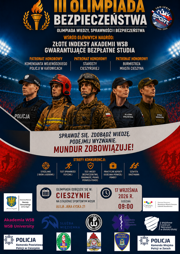 plakat promujący wydarzenie, osoby w mundurach, w tle stadion sportowy