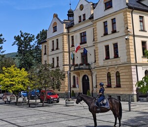 policjanci jadą konno na koniach służbowych, słońce, piękna pogoda